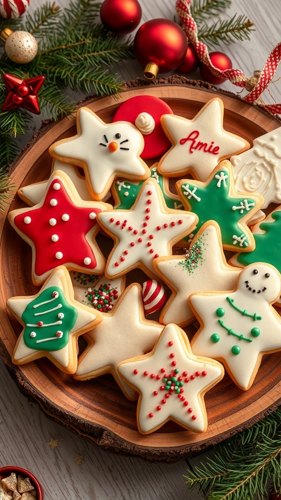 A variety of decorated Christmas cookies on a wooden platter with holiday decorations.